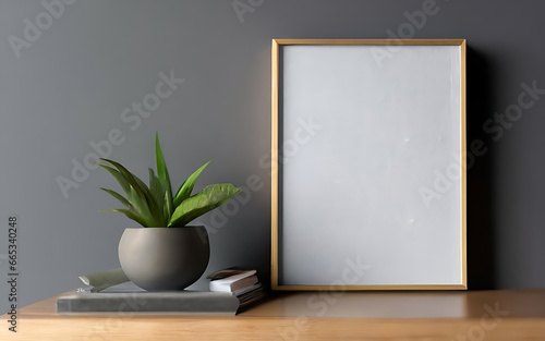Mock up photo frame green wall mounted on the wooden cabinet 3d rendering. 