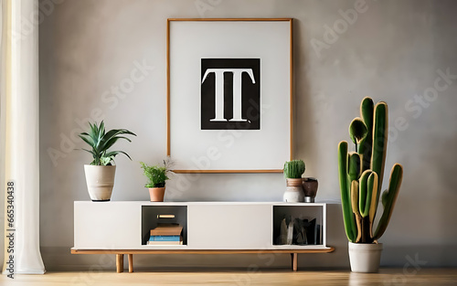 Mock up photo frame green wall mounted on the wooden cabinet 3d rendering. 