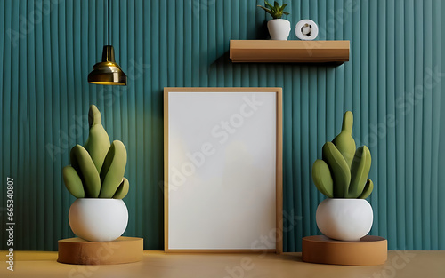 Mock up photo frame green wall mounted on the wooden cabinet 3d rendering. 