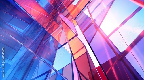 Various angles of contemporary coloreful abstract glass architecture.