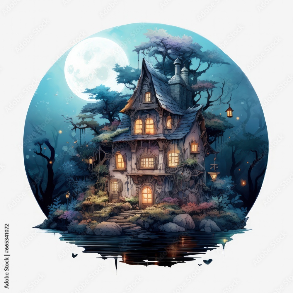 Moonlight dark themed night elf fairytale fantasy fairy house. - obrazy, fototapety, plakaty 
