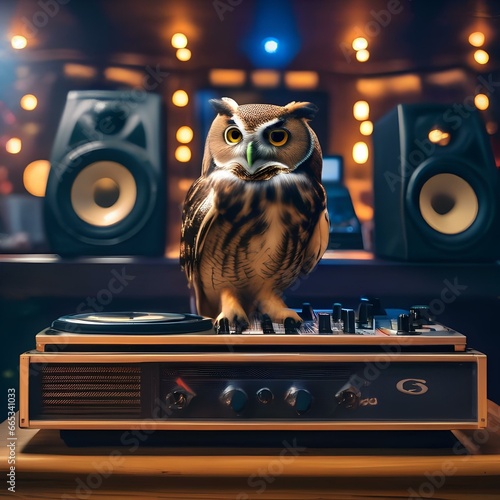 An owl in a DJ booth, spinning records for a woodland dance party1 photo