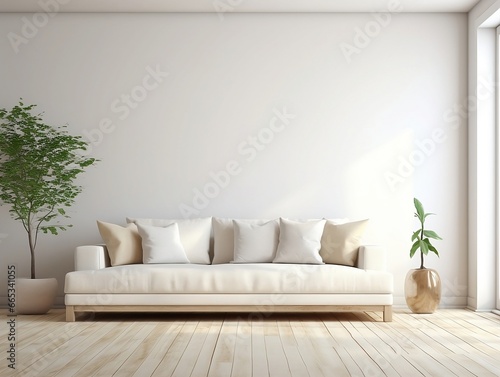 Modern living room home interior design with beige white sofa couch and daylight from window generative ai © tanjidvect