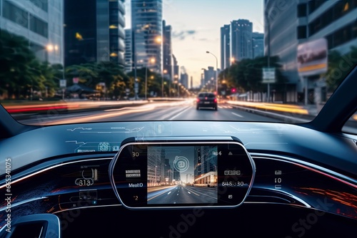 Modern smart car technology intelligent system using Heads up display (HUD) Autonomous self driving mode vehicle on city road with graphic sensor radar signal system intelligent car. © Khalada