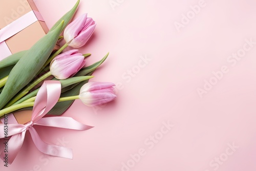 Mother s Day concept. Pink gift box with ribbon bow and a bouquet of tulips.