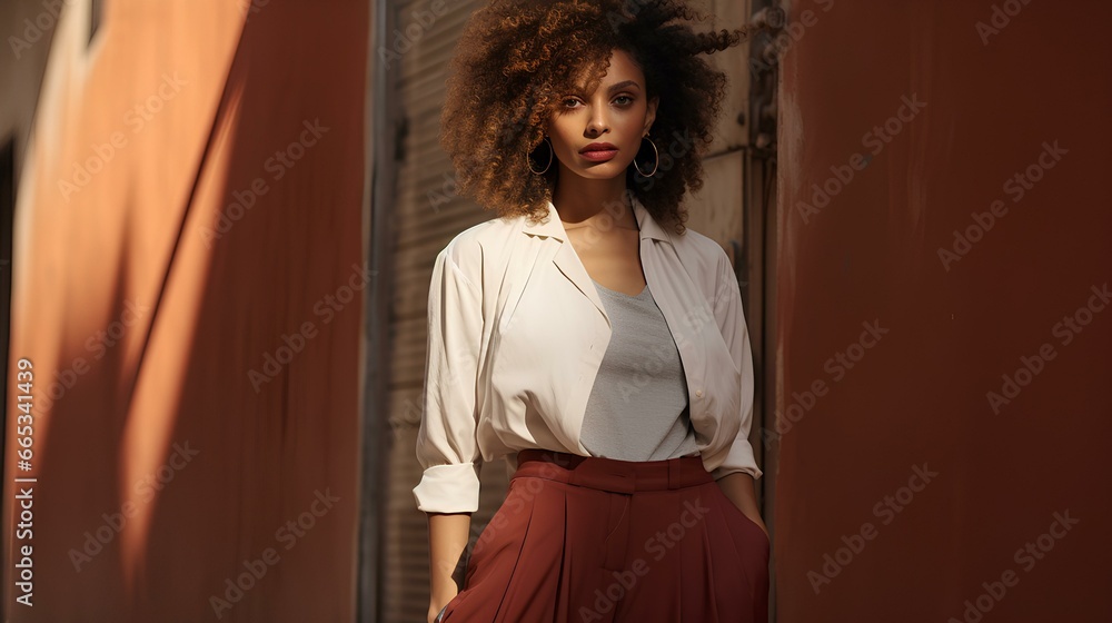 African American girl with afro hair standing on the sidewalk wearing pants, in the style of textural minimalism fashion. generative AI African American girl with afro hair standing on the sidewalk wearing pants, in the style of textural minimalism fashion. generative AI