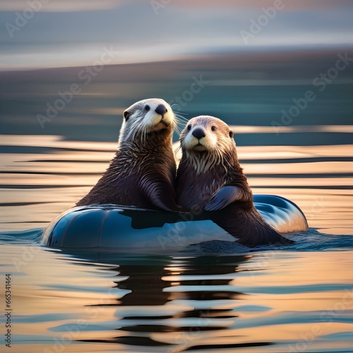 A group of sea otters floating on their backs, clinking clamshell champagne flutes together in the ocean4 photo