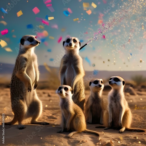 A family of meerkats popping confetti cannons in the desert4 photo