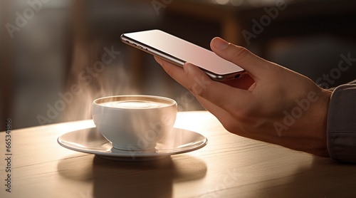 Una persona revisando su celular mientras se toma un café photo