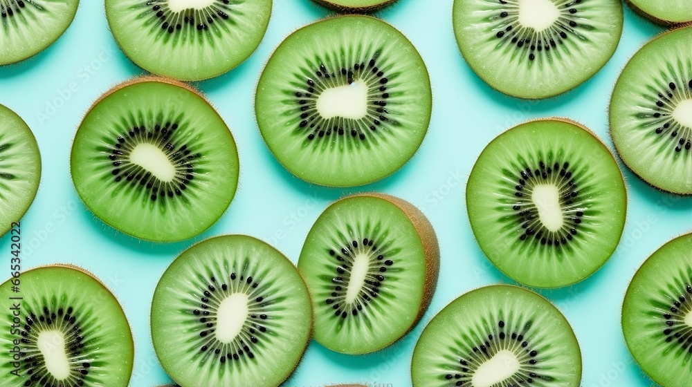 Slices of kiwi fruit and green mint leaves on a light pastel blue background. Slices of kiwi fruit and green mint leaves on a light pastel blue background.