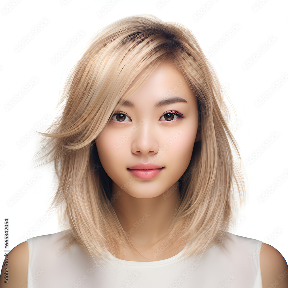 Asian blonde girl with a fashionable hairstyle, styling on a white background. The concept of natural makeup, hair care. Asian blonde girl with a fashionable hairstyle, styling on a white background. The concept of natural makeup, hair care.