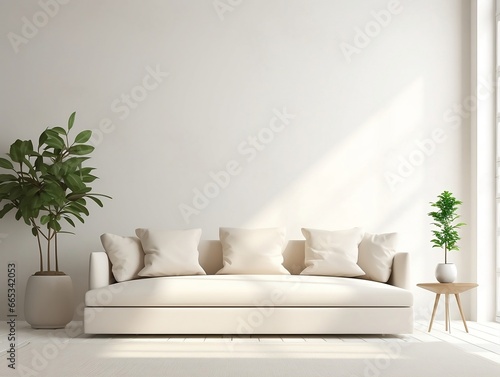 Modern living room home interior design with beige white sofa couch and daylight from window generative ai