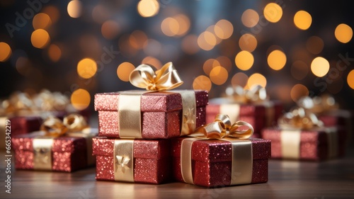 Festive Christmas gift box with tied bow and lights bokeh © senadesign