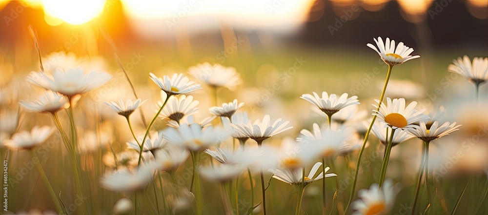 The landscape of white daisy blooms in a field with the focus.