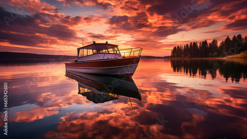 Dramatic sunset sky, with beautiful boat reflected on the evening lake horizon