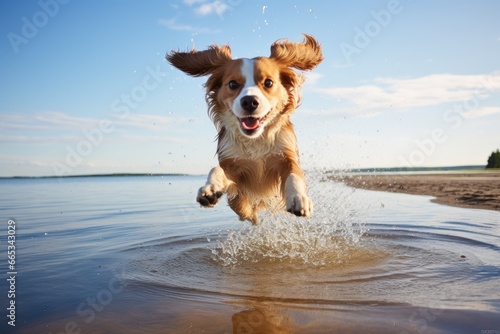 Dog jumping into the water on the beach