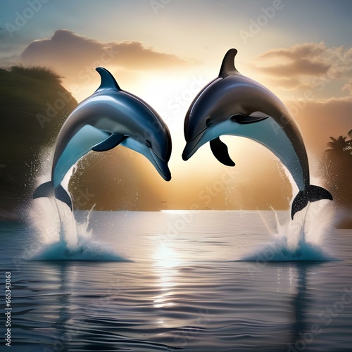 A pair of dolphins leaping out of the water to touch a glowing  2023  made of bubbles4