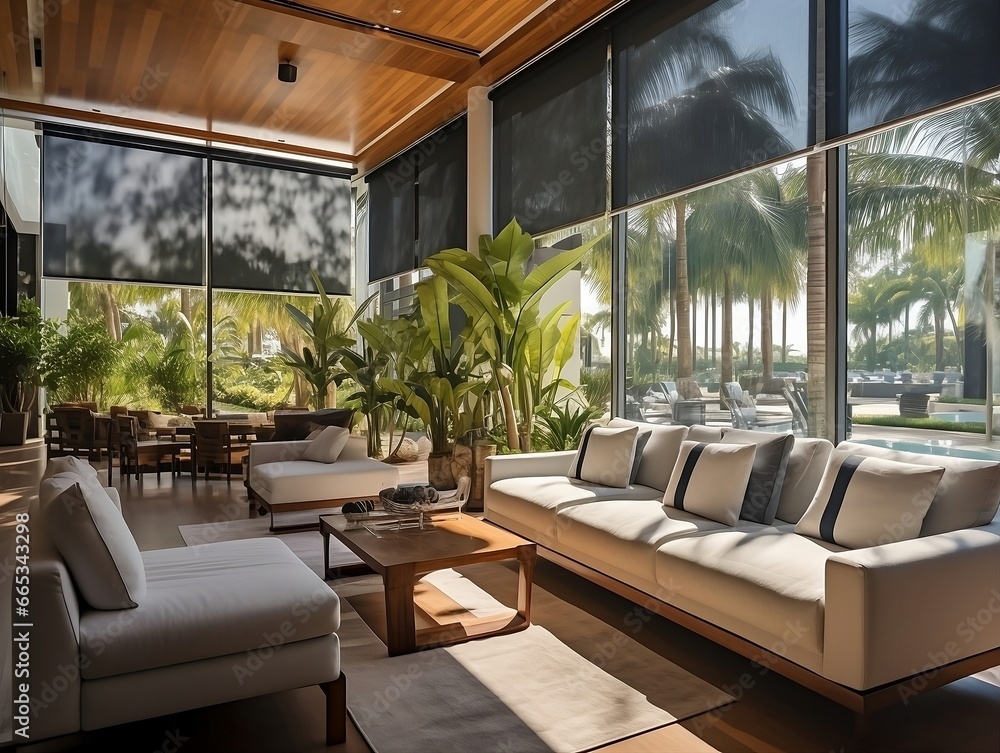 Fototapeta premium Interior living room with sofas and palm trees generative ai