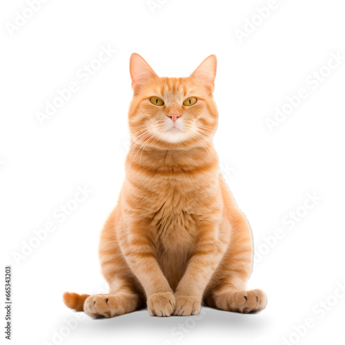 Full length, ginger cat with  sitting pose on transparent background. front view. 