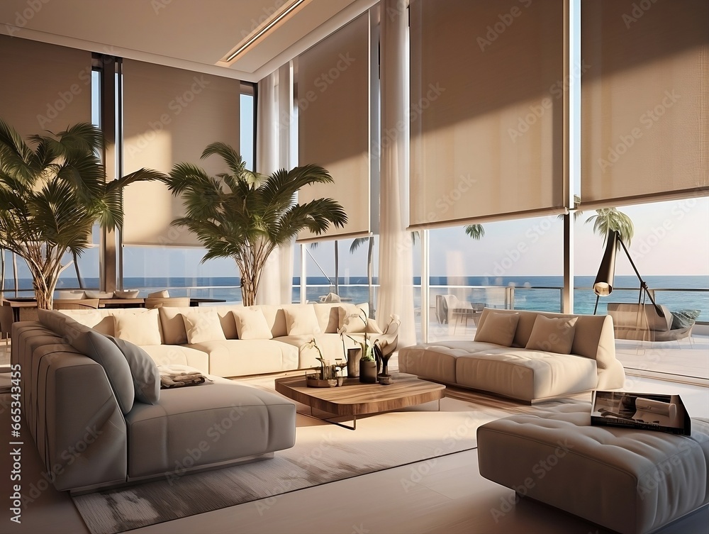 Interior living room with sofas and palm trees generative ai