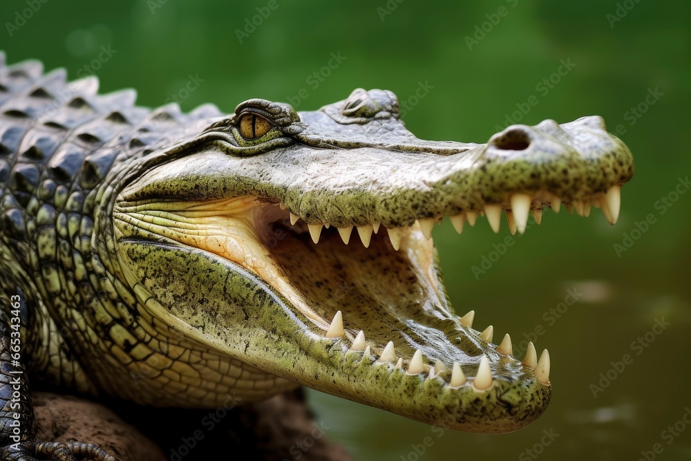Obraz premium Crocodile with its mouth wide open with a green lake in the green background.