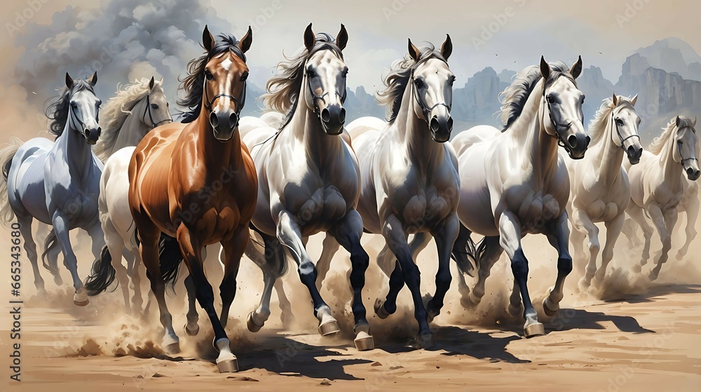 painting . Artistic drawing of a herd of Arabian horses - obrazy, fototapety, plakaty 