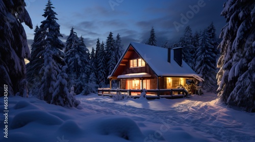 Winter Cabin Retreat Amidst Snowy Pine Forest at Dusk © SA_Stock