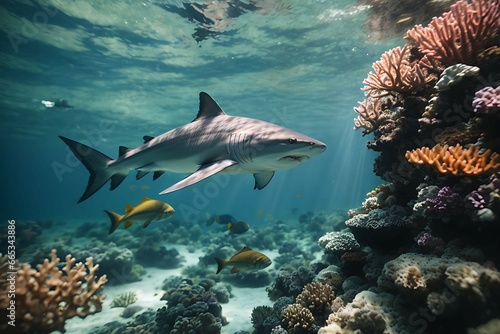 Coral reef with wild sea shark and fish © Ainur