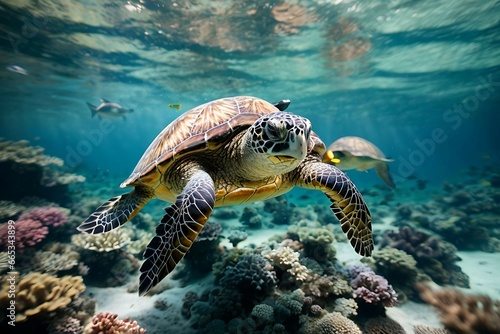 Coral reef with sea turtles and fish tropical