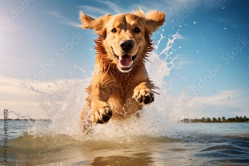 Dog jumping into the water on the beach © PinkiePie