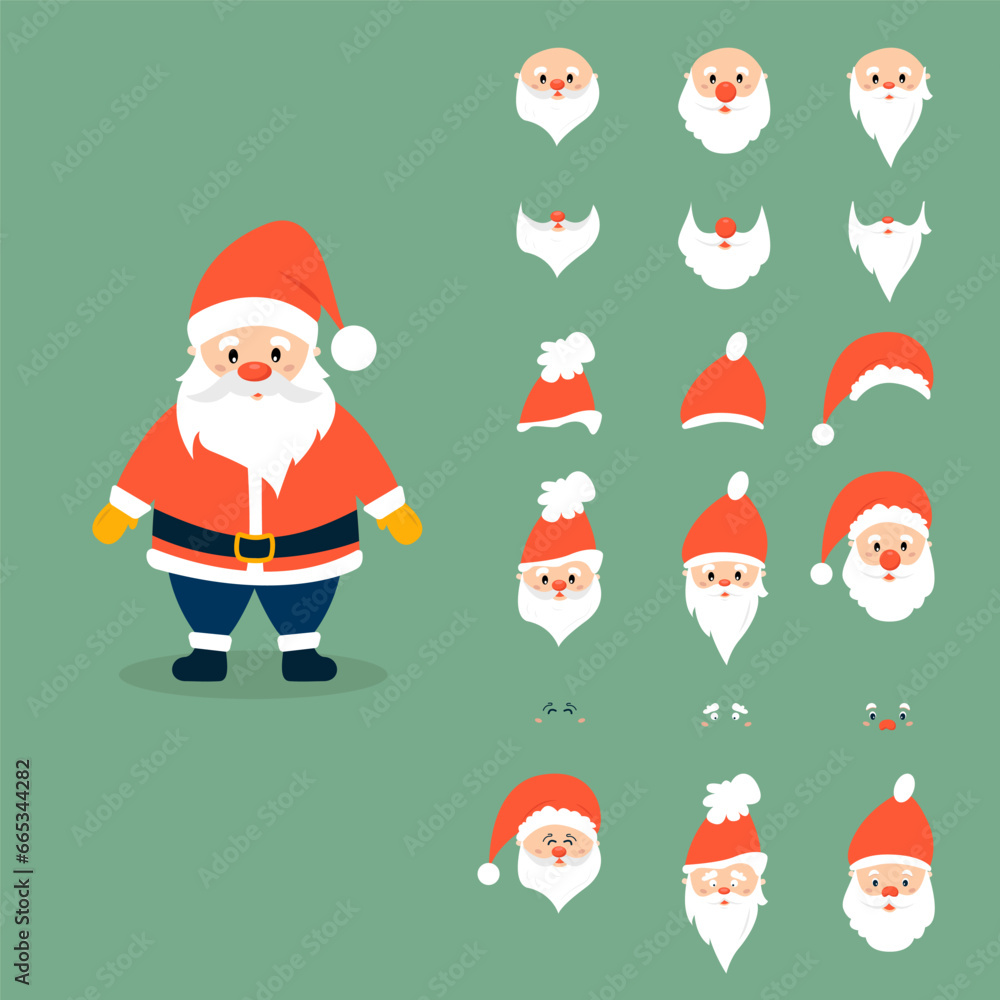 Santa Claus character builder set for the with various views, hats, emotion, beard, front view.Make your own design of more than 30 different Santa characters