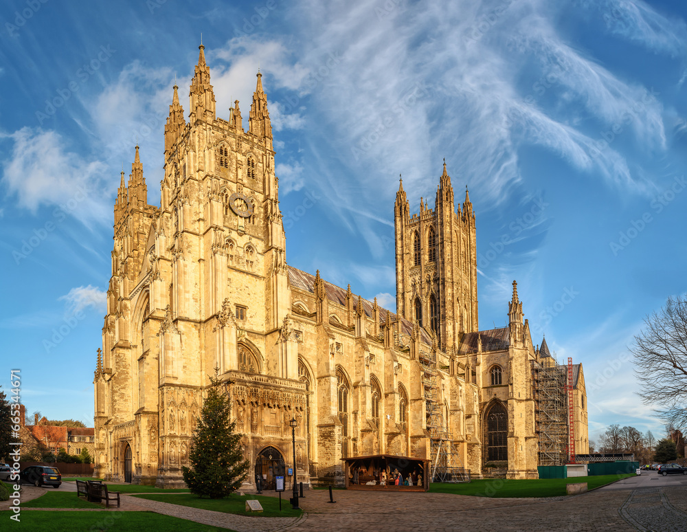 View of Canterbury cathedral in sunset rays, England