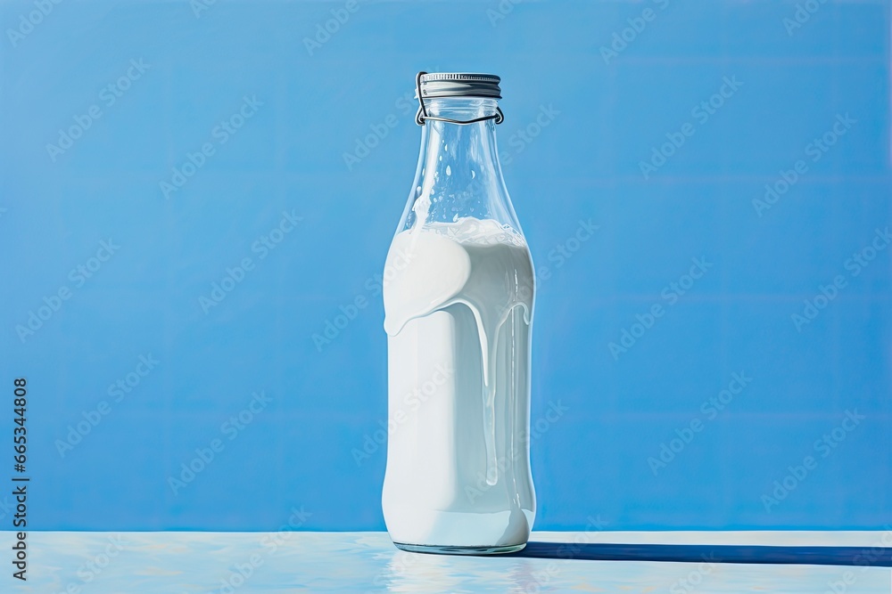 A glass bottle with full milk on blue background. A glass bottle with full milk on blue background.