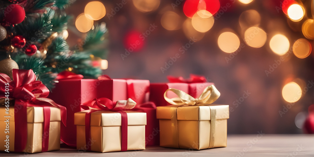 Christmas xmas or celebration holiday. gift boxes with gold ribbon, background with bokeh lights and christmas tree. copy space. Christmas xmas or celebration holiday. gift boxes with gold ribbon, background with bokeh lights and christmas tree. copy space.