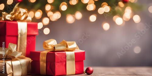 Wallpaper Mural Christmas xmas or celebration holiday. gift boxes with gold ribbon, background with bokeh lights and christmas tree. copy space. Torontodigital.ca