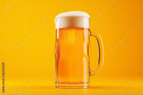 Beer glass with full beer isolated with a yellow background.