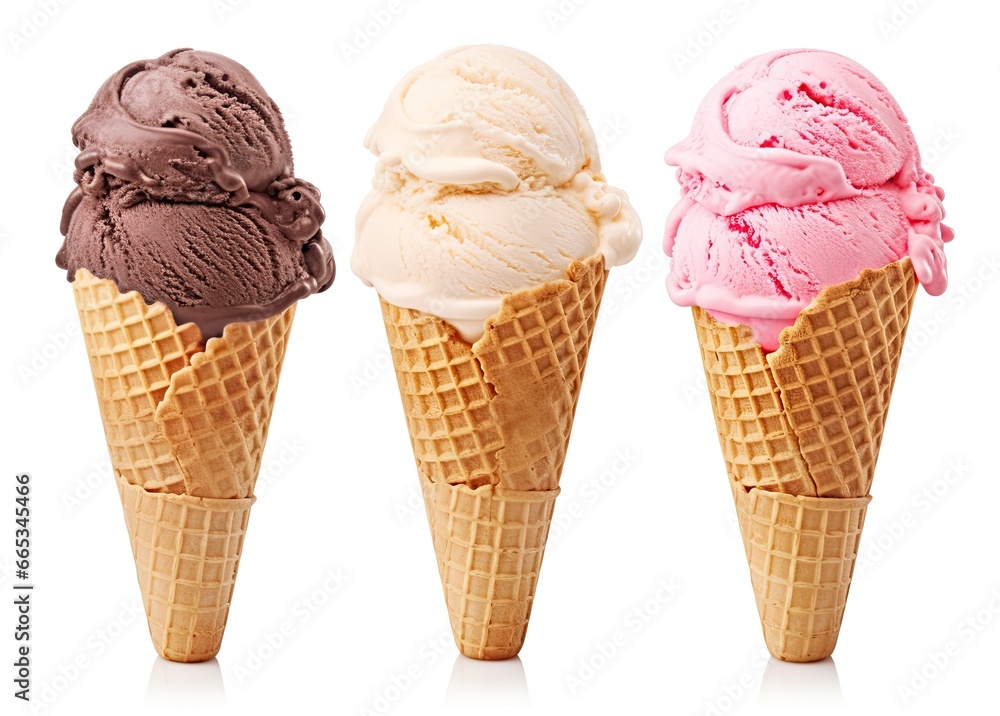 Chocolate, vanilla and strawberry Ice cream in the cone on white background. Chocolate, vanilla and strawberry Ice cream in the cone on white background.