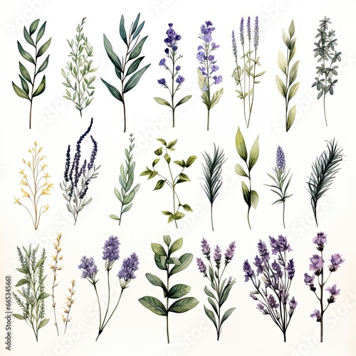 Collection of watercolor herbs clipart on white background.