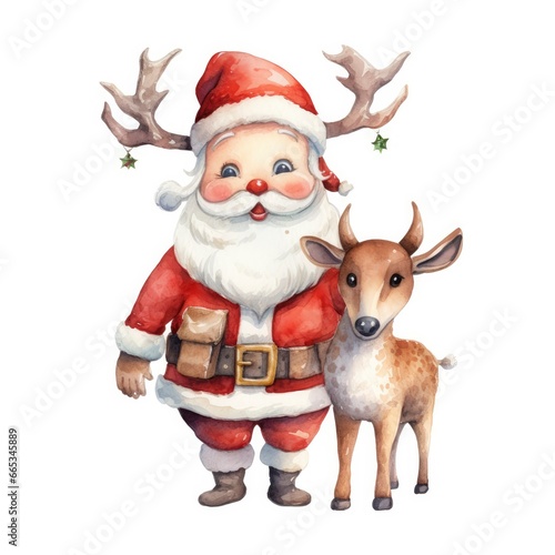 Cute Santa Claus standing with reindeer. © Khalada
