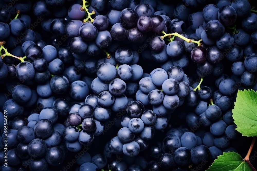 Flat lay background of vines, lots of organic blue dark grapes.