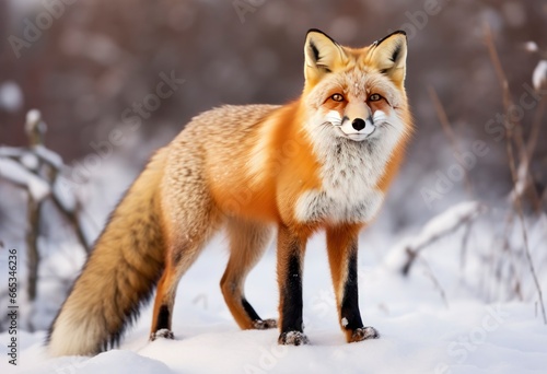  Red fox standing on snow. © Khalada