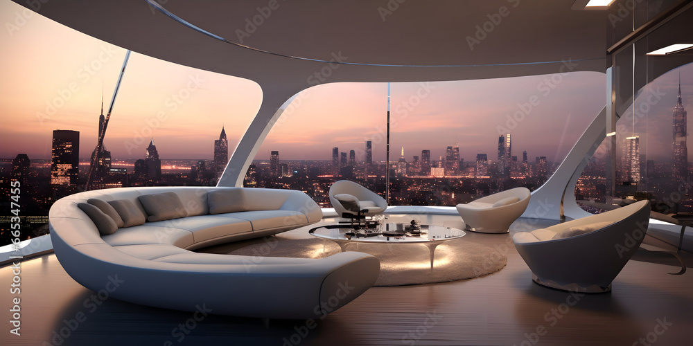 Fototapeta premium Futuristic skyline home decor with floor to ceiling windows and cityscape views generative ai