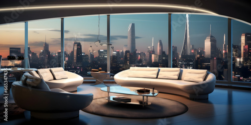 Futuristic skyline home decor with floor to ceiling windows and cityscape views generative ai photo