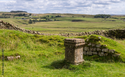 Roman temple altar stone at Great Chester Fort (Aesica) on Hadrian's Wall Path, near Greenhead, Northumberland, UK