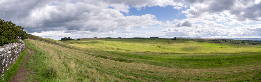 panoramic view on Hadrian's Wall Path near Once Brewed, Northumberland, UK