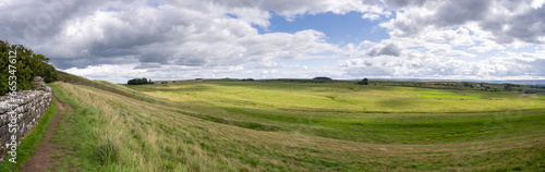 panoramic view on Hadrian s Wall Path near Once Brewed  Northumberland  UK