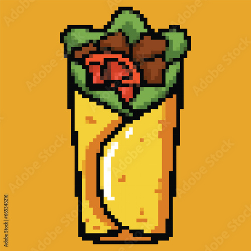 In this artwork, a tortilla is meticulously crafted with pixelated precision, enveloping a medley of savory ingredients. The seasoned ground meat, rice, beans, and fresh vegetables create a symphony