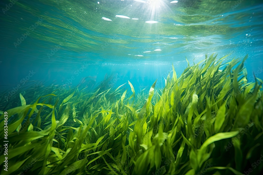 Underwater view of a group of seabed with green seagrass. Underwater view of a group of seabed with green seagrass.