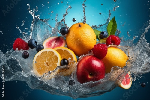 An image of a fruit splash with water and fruit on its side  surrounded by blue and white backgrounds and borders in multiple colors. Generative AI