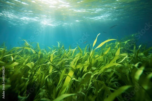 Underwater view of a group of seabed with green seagrass. © Khalada